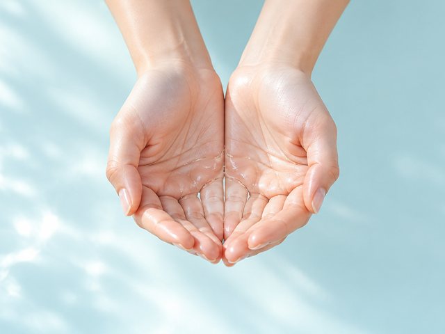 両手のひらに、透明な美容液を数滴のせている