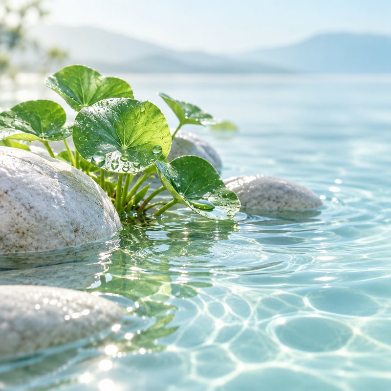 澄んだ浅い水に、緑の葉となめらかな小石が沈んでいる
