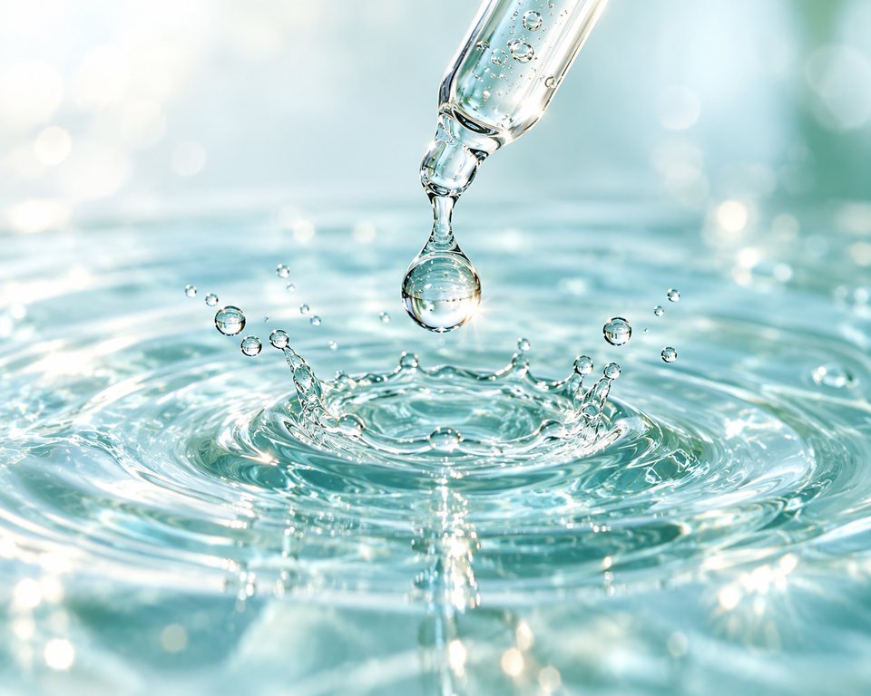 ガラスのスポイトの先から、澄んだ水面に一滴が落ちて小さな波紋が広がる