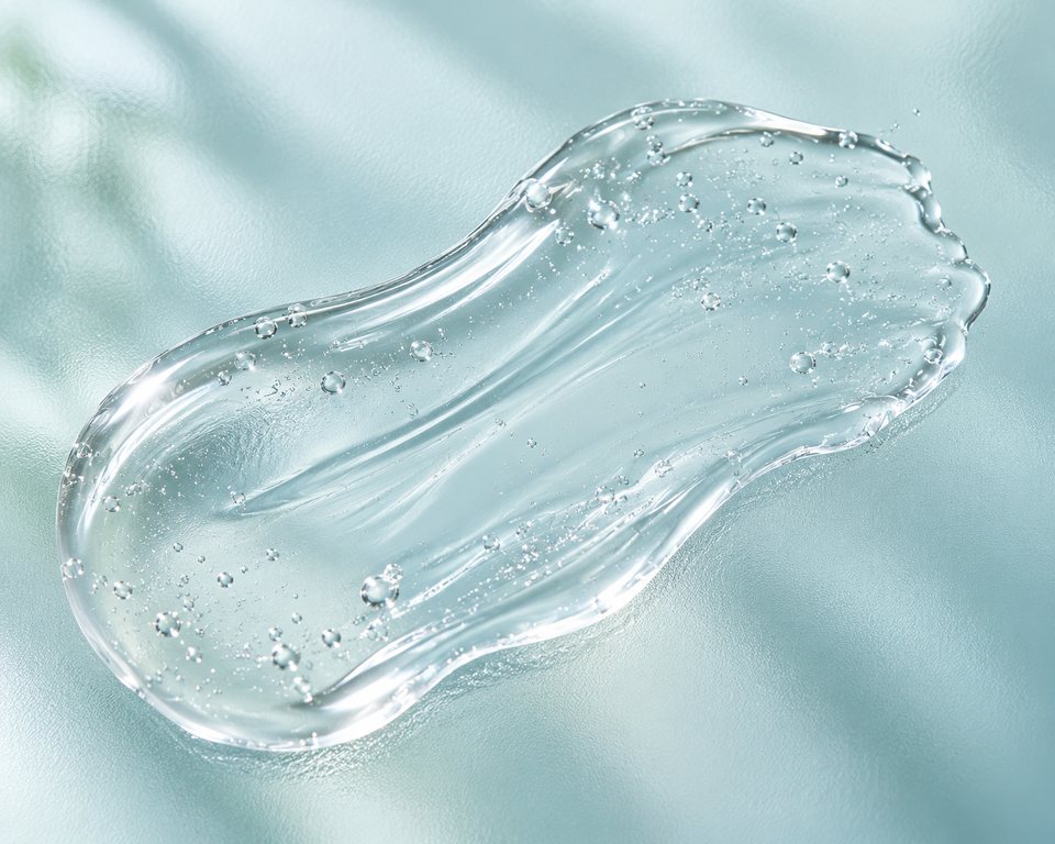 すりガラスの上にのばした、透明でとろみのある美容液